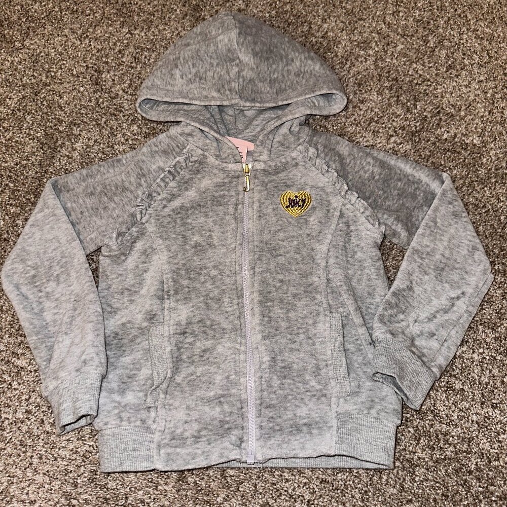 Juicy Couture Velour Jacket Girls Toddler 4T grey ruffle hooded Full Zip